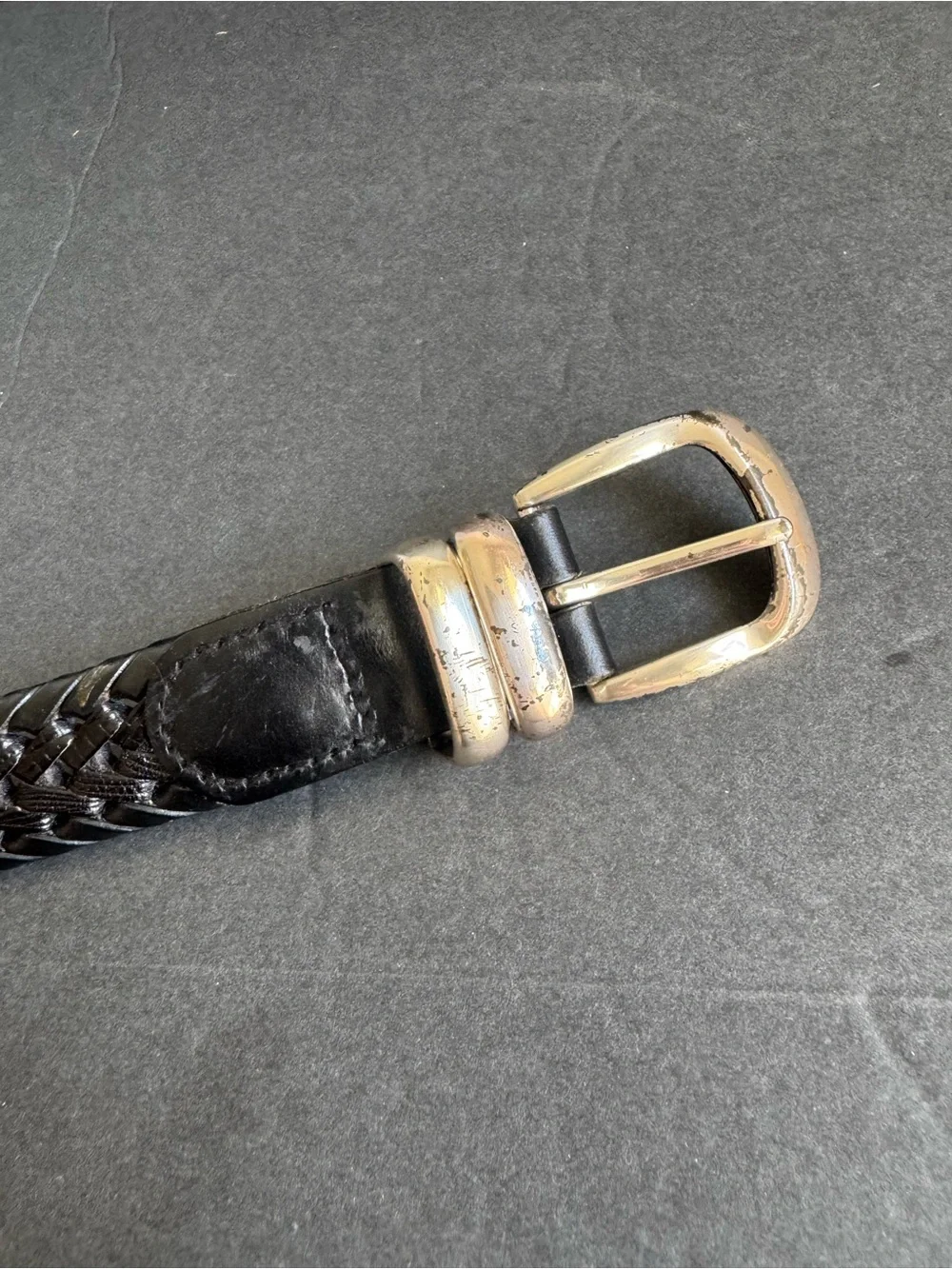Vintage Black Woven Leather Belt Braided Silver Tone Buckle Unisex Mens 38